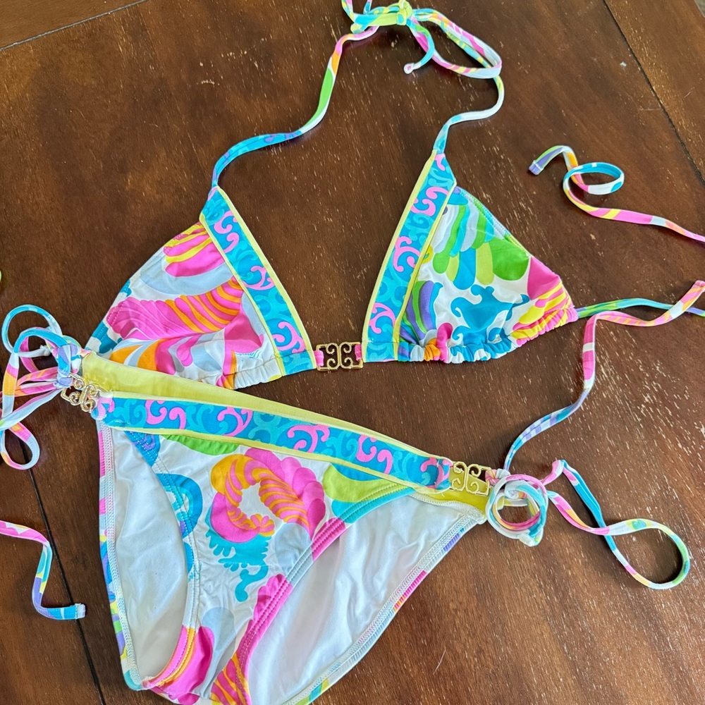 Trina Turk 2 Piece Multi Patterned Bikini With Gold Embellishments - Picture 2 of 12